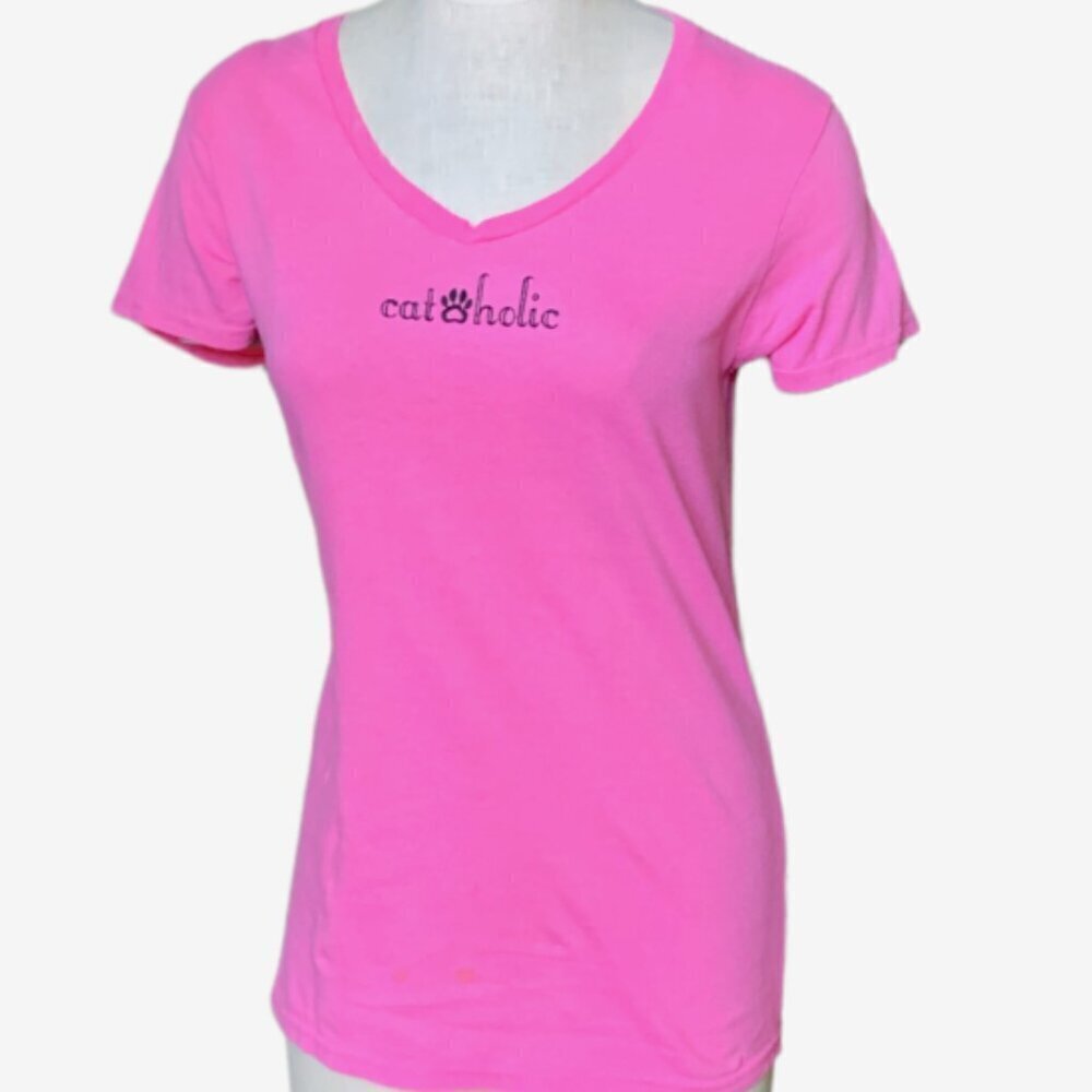 Gildan Cotton Pink‎ V-Neck Short Sleeve Novelty T-shirt "cat-holic" S M #77A